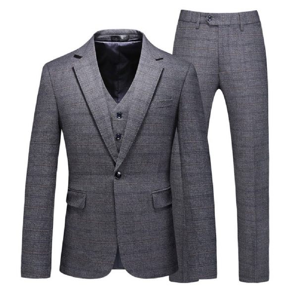 Costume 3 Pièces Pour Hommes Motif À Carreaux Vêtements Formels Minces Un Bouton Fentes Doubles Latérales - Gris