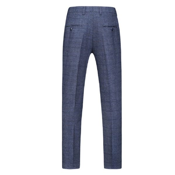 Costume 3 Pièces Pour Hommes Motif À Carreaux Vêtements Formels Minces Un Bouton Fentes Doubles Latérales - Bleu Foncé