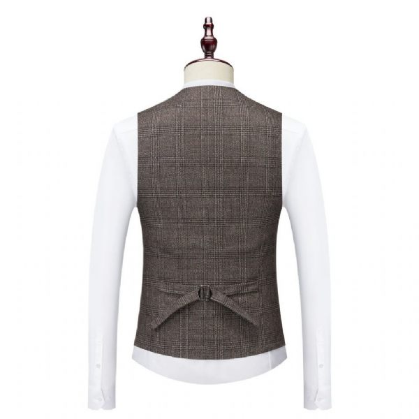 Costume 3 Pièces Pour Hommes Motif À Carreaux Vêtements Formels Modernes Simple Boutonnage Un Bouton - Brun