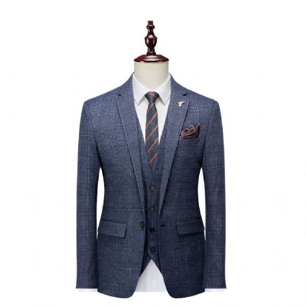 Costume 3 Pièces Pour Hommes Motif À Carreaux Vêtements Formels Modernes Simple Boutonnage Un Bouton - Bleu