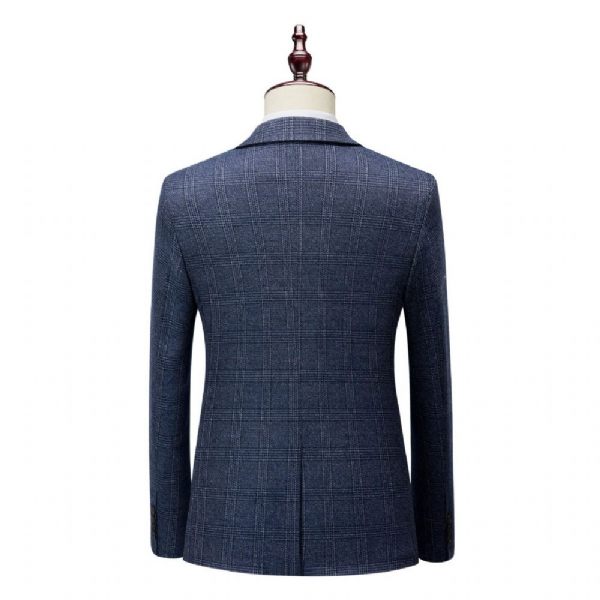 Costume 3 Pièces Pour Hommes Motif À Carreaux Vêtements Formels Modernes Simple Boutonnage Un Bouton - Bleu