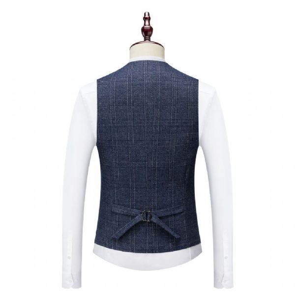 Costume 3 Pièces Pour Hommes Motif À Carreaux Vêtements Formels Modernes Simple Boutonnage Un Bouton - Bleu