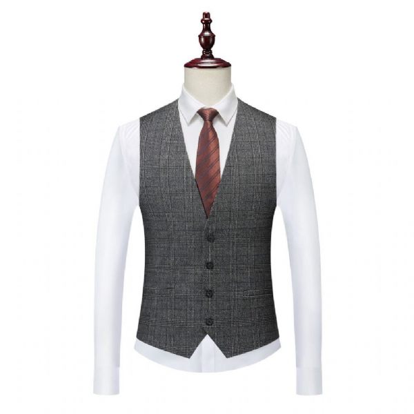 Costume 3 Pièces Pour Hommes Motif À Carreaux Vêtements Formels Modernes Simple Boutonnage Un Bouton - Gris