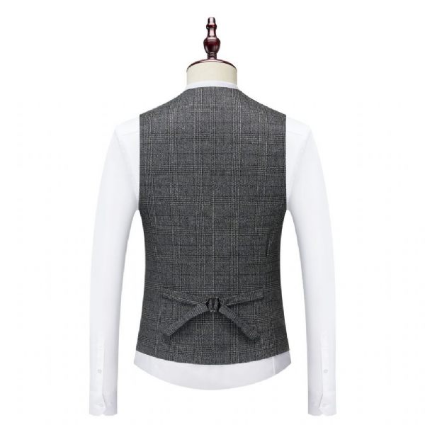 Costume 3 Pièces Pour Hommes Motif À Carreaux Vêtements Formels Modernes Simple Boutonnage Un Bouton - Gris