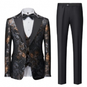 Costume 3 Pièces Pour Hommes Motif Floral Robe Formelle Décontractée Revers À Pointe Un Bouton Fête