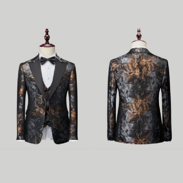Costume 3 Pièces Pour Hommes Motif Floral Robe Formelle Décontractée Revers À Pointe Un Bouton Fête - Jaune