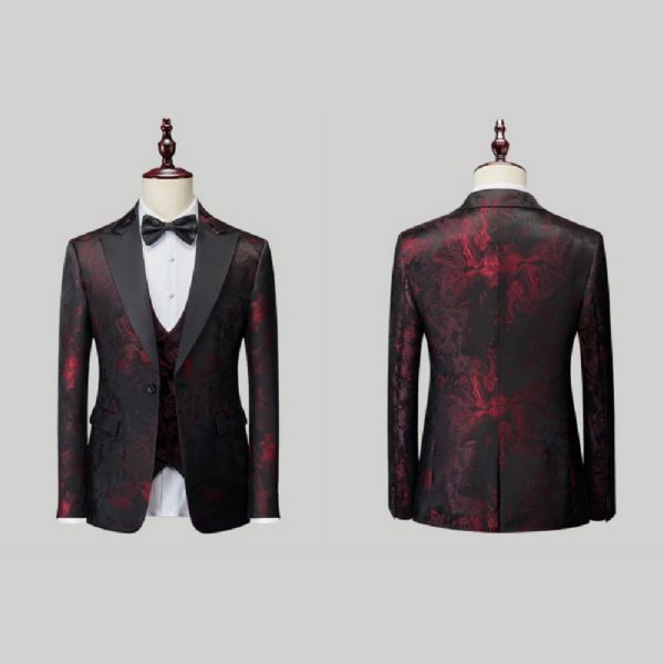 Costume 3 Pièces Pour Hommes Motif Floral Robe Formelle Décontractée Revers À Pointe Un Bouton Fête - Rouge