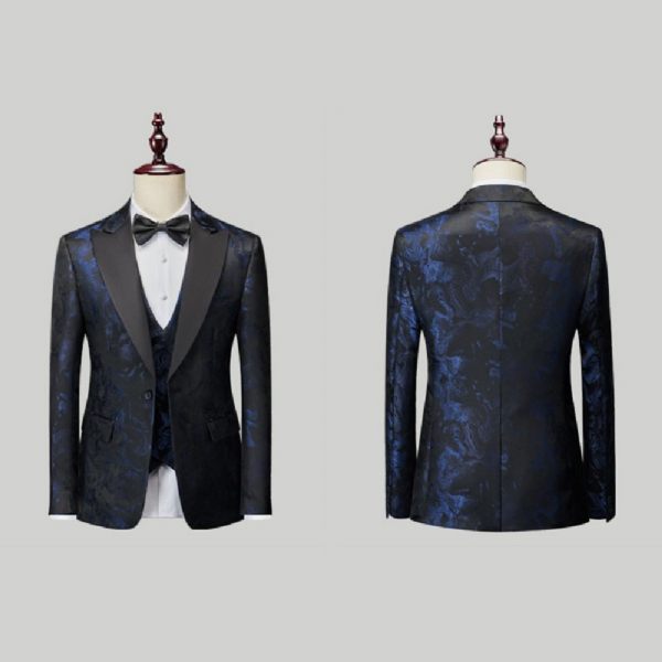 Costume 3 Pièces Pour Hommes Motif Floral Robe Formelle Décontractée Revers À Pointe Un Bouton Fête - Bleu