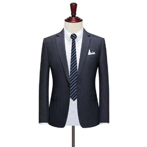 Costume 3 Pièces Pour Hommes Motif À Rayures Un Bouton Élégant Formel Slim - Gris