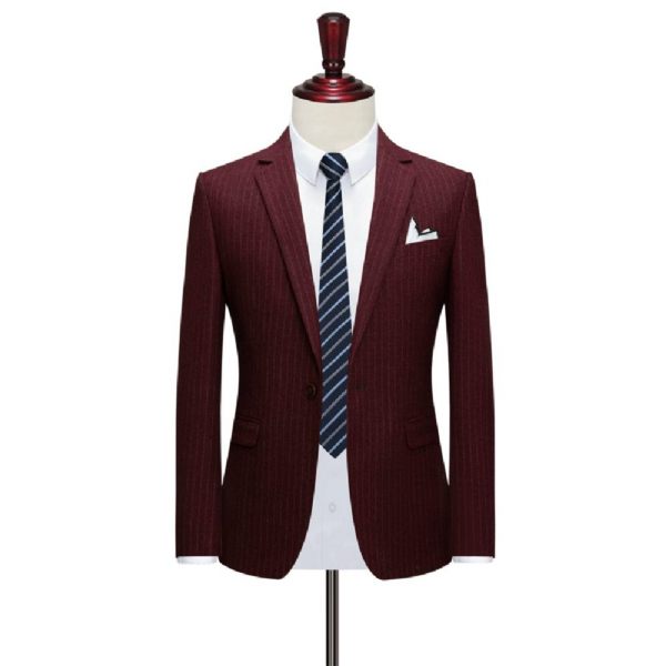 Costume 3 Pièces Pour Hommes Motif À Rayures Un Bouton Élégant Formel Slim - Rouge