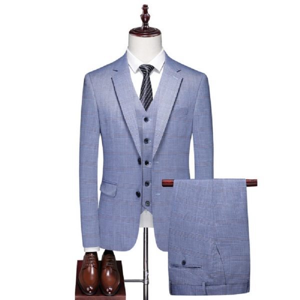 Costume 3 Pièces Pour Hommes Vêtements Formels Élégants À La Mode Motif Carreaux Deux Boutons