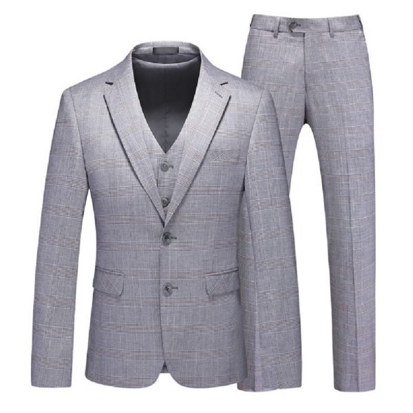 Costume 3 Pièces Pour Hommes Vêtements Formels Élégants À La Mode Motif Carreaux Deux Boutons - Gris