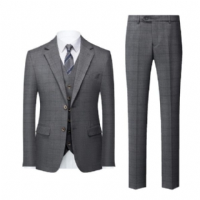 Costume Homme 3 Pièces Motif Carreaux Slim Business Moderne Deux Boutons Col Plat